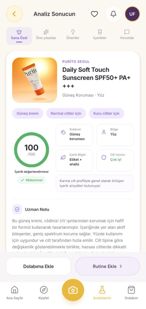 Product analysis result and fit score