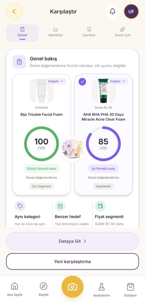 Product comparison screen